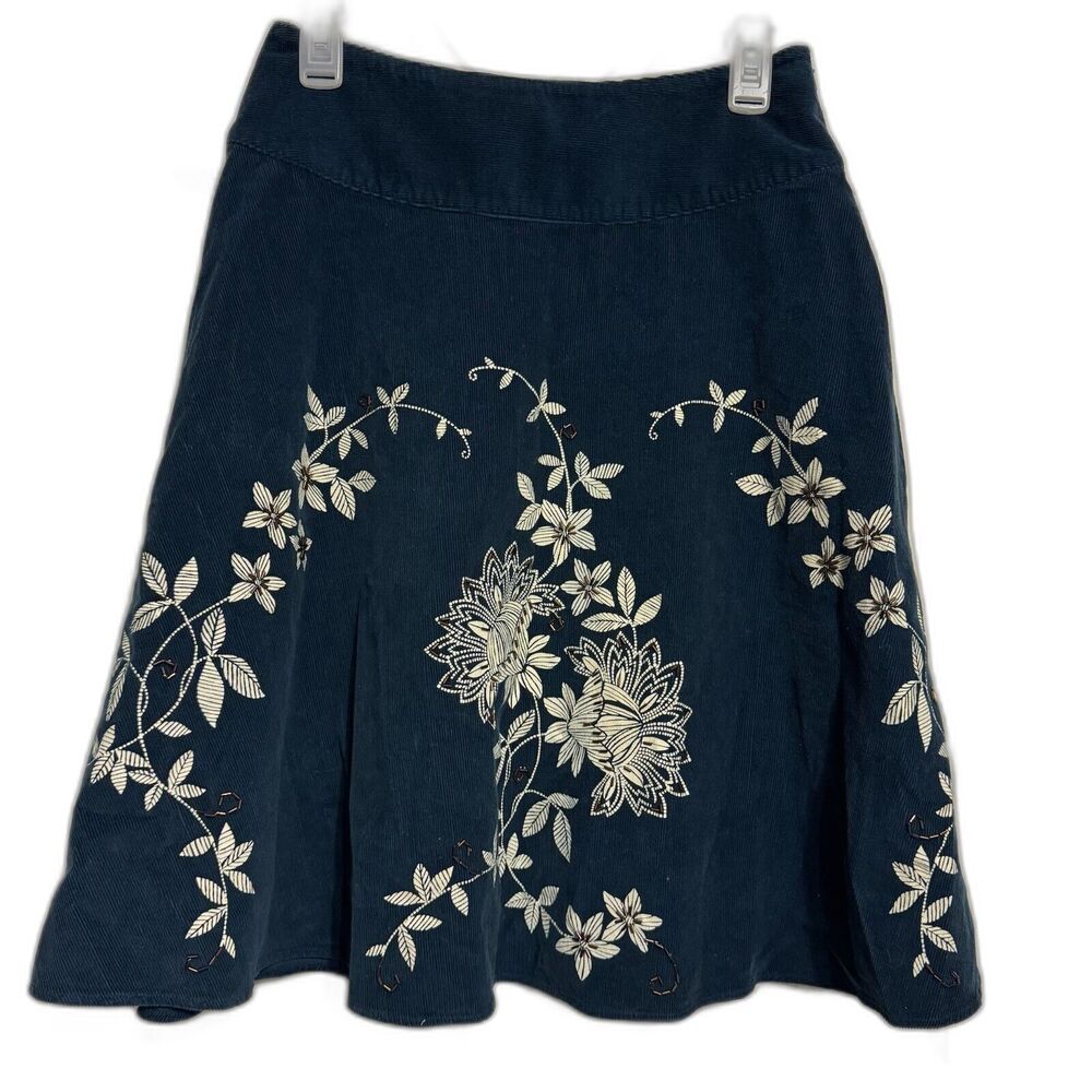 Talbots Womens Skirt Size 6P Teal Blue Corduroy Floral Beaded Embroidery